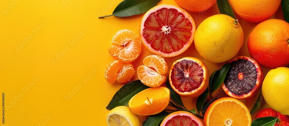 Aufkleber Various exotic fruits such as oranges tangerines lemons and blood oranges are arranged in a flat lay style against a yellow backdrop with ample copy space for text or graphics