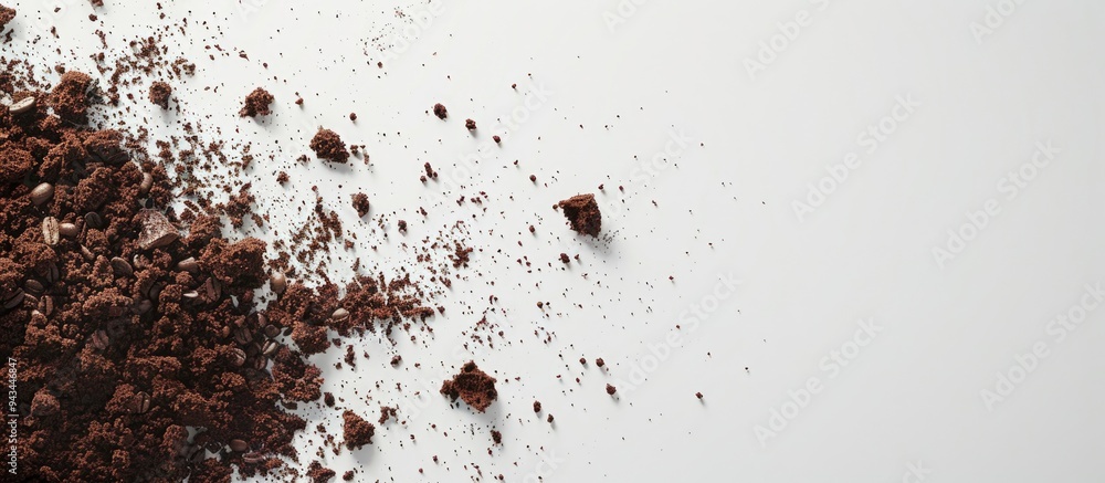 Aufkleber Coffee grounds scattered on a white backdrop with empty space for text or other elements in the image. Creative banner. Copyspace image