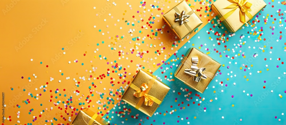 Fototapete Top view of golden gift boxes and confetti on a colorful background with copy space image