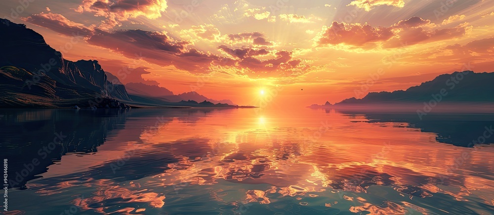 Poster a scenic sunset glow over the bay reflected in the calm waters making it a perfect copy space image