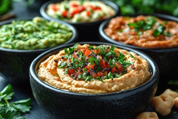 Delicious Fusion Dip: Creamy Guacamole and Hummus Blend Served in a Black Bowl