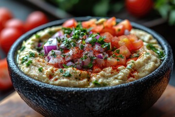 Delicious Fusion Dip: Creamy Guacamole and Hummus Blend Served in a Black Bowl
