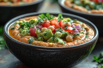 Delicious Fusion Dip: Creamy Guacamole and Hummus Blend Served in a Black Bowl
