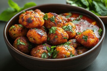 Mix Veg Pakora with Tomato Mint Sauce: Crispy Indian Fritters on a White Background, Top View