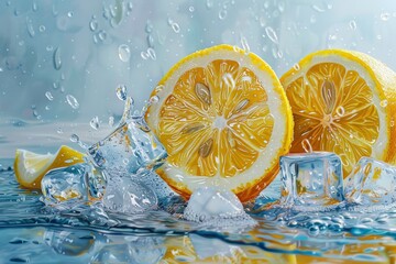 A splash of water with ice cubes and fresh lemon slices, captured in a refreshing and dynamic scene.