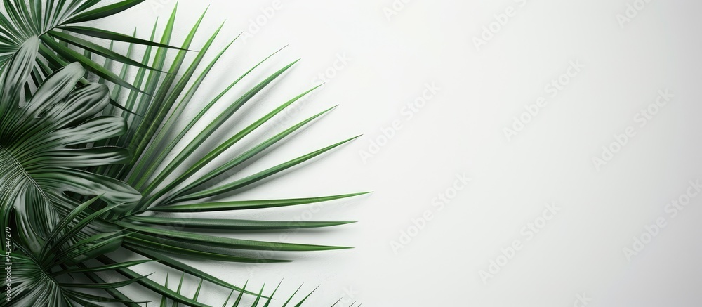 Poster palm fronds arranged in a corner with copy space image on a white backdrop