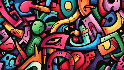 A vibrant cartoon-style graffiti pattern featuring abstract shapes and characters, with bold colors and dynamic lines creating an energetic atmosphere, focusing on faces.