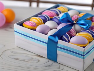 Colorful Easter Egg Cookies in Blue Ribbon Gift Box