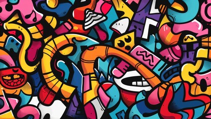 A vibrant cartoon-style graffiti pattern featuring abstract shapes and characters, with bold colors and dynamic lines creating an energetic atmosphere, focusing on faces.