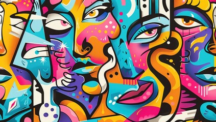 Obraz premium A vibrant cartoon-style graffiti pattern featuring abstract shapes and characters, with bold colors and dynamic lines creating an energetic atmosphere, focusing on faces.