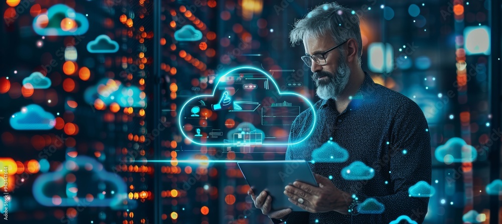 Poster it engineer working on futuristic tablet, visualizing cloud computing processes over server farm