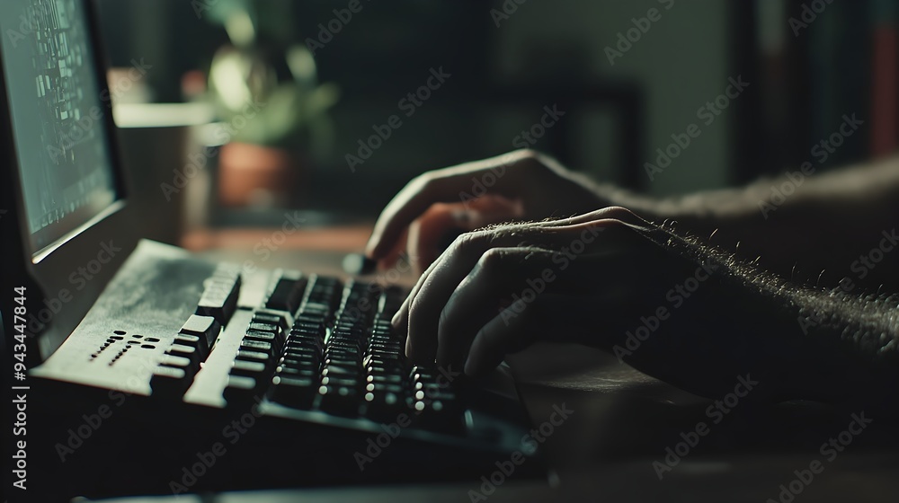 Poster photograph of a modern minimalist workspace with a person sitting at a desk typing on a keyboard the
