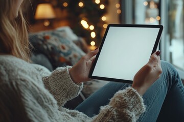 Mockup Image of a Woman Holding a Digital Tablet with a Blank White Screen on a Modern Desktop