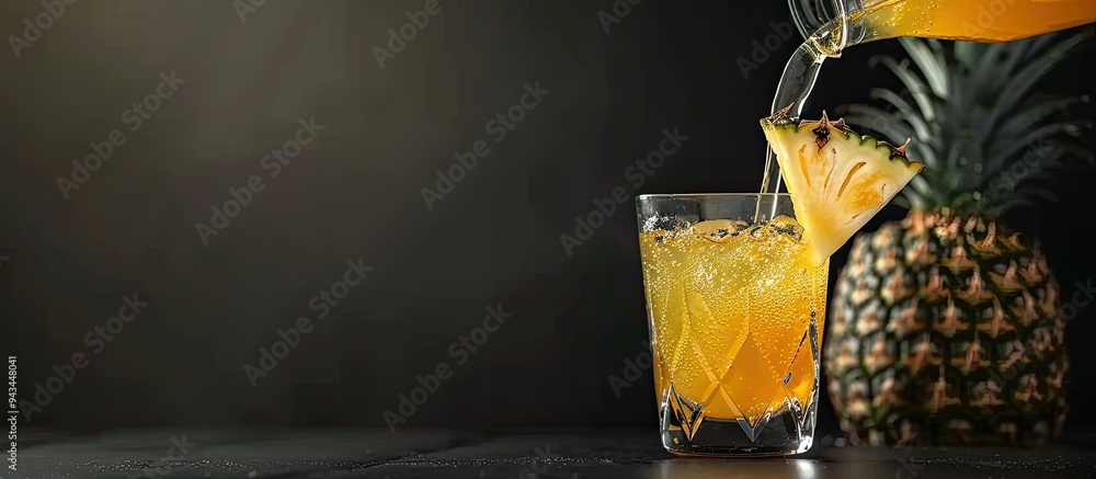 Poster pouring cold pineapple juice into a clear glass cup on a black table surface with a copy space image