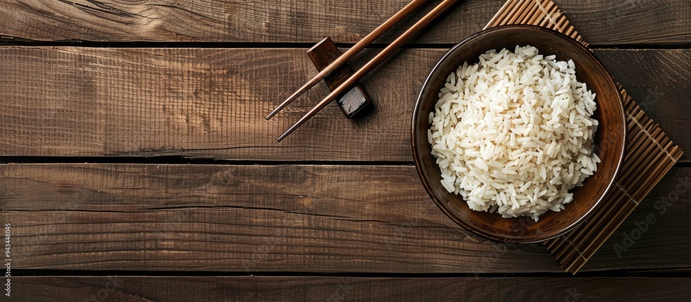 Poster A delicious bowl of cooked rice with chopsticks on a wooden table suitable for adding text in the empty area of the image. Creative banner. Copyspace image