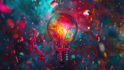 A light bulb glowing brightly with colorful sparks and digital symbols surrounding it, symbolizing innovation in technology and creative thinking.