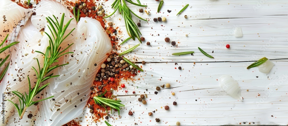 Aufkleber close up of raw cod fish rosemary and spices on a white wooden table with space for text in the imag