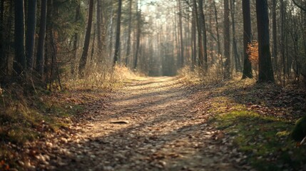 A tranquil forest path adorned with autumn leaves and bathed in gentle sunlight, evoking a sense of peaceful solitude, natural beauty, and seasonal change.