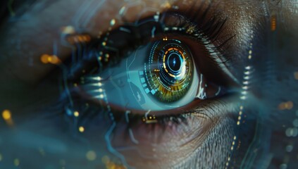 A closeup of an eye iris recognition technology for secure access, digital elements around it, symbolizing the integration and visualization in vision technology