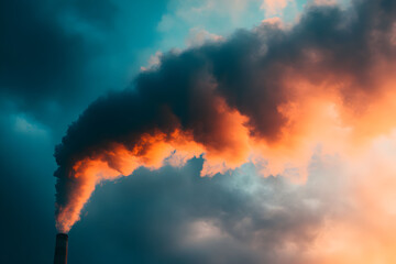 Thick, dark smoke streams from a tall smokestack, mingling with stormy clouds above.