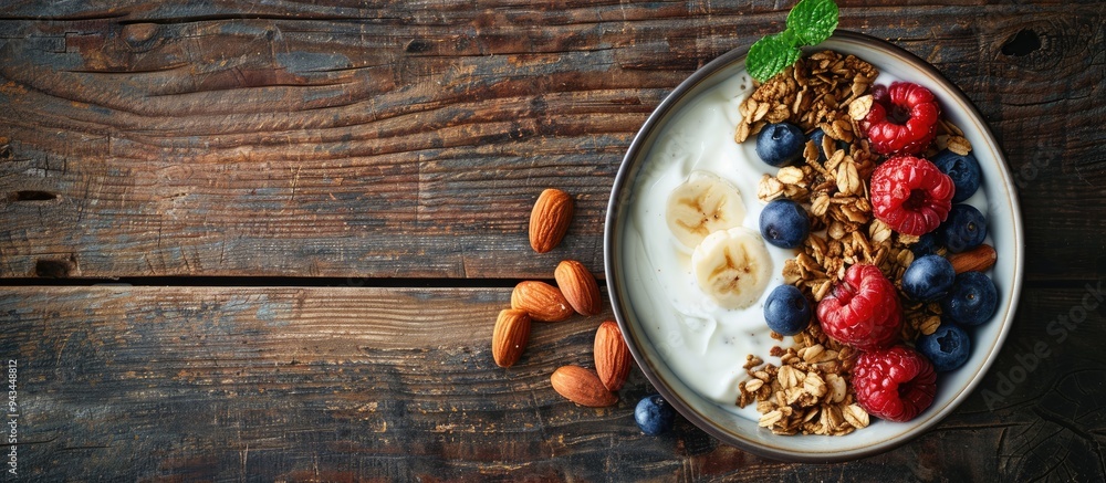 Poster top view of a delicious bowl with granola berries almonds and yogurt on a wooden table leaving room 