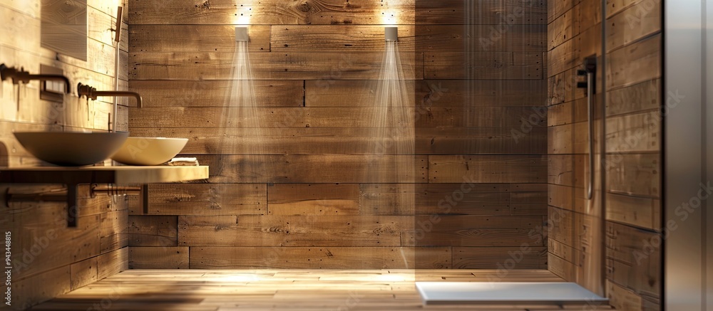 Canvas Prints bathroom shower design features a clean modern wooden oak wall with a copy space image suitable for 