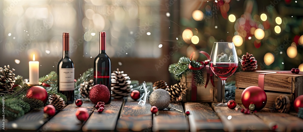 Poster Table decorated with various elements like bottles of wine glasses wooden boxes fir twigs and red Christmas balls with an empty area for including text in the image. Creative banner. Copyspace image