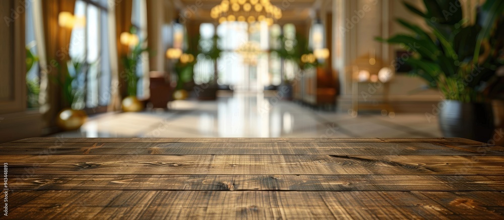 Poster a wooden table in the foreground with a blurred hotel lobby in the background serves as an ideal set