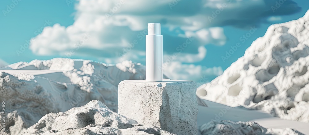 Poster front view of unlabeled white cosmetic bottle on gray stone podium with sand texture and blue sky ba