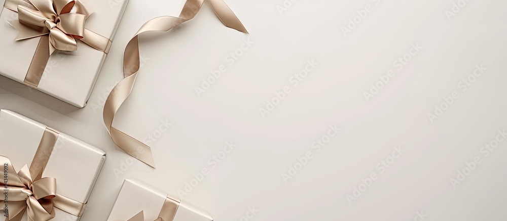 Poster top view of gift boxes with beige ribbon on a white backdrop with copy space image
