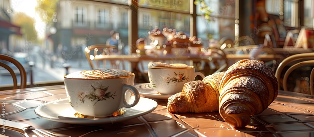 Poster a french breakfast scene with coffee cups croissants and a typical bakery on a table representing th