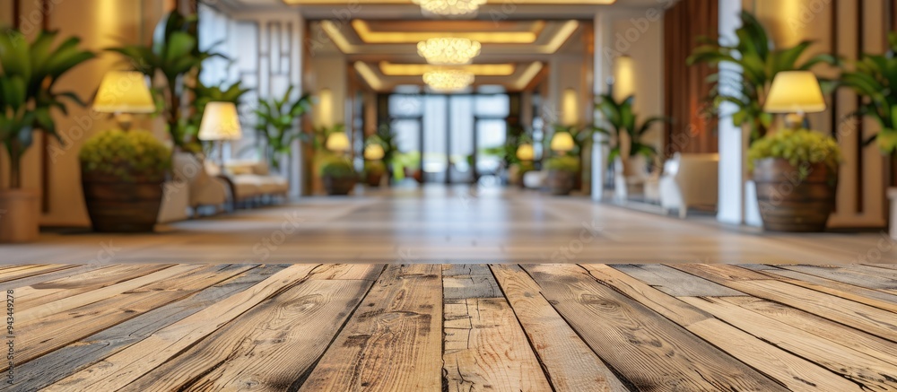 Poster a wooden table in the foreground with a blurred hotel lobby in the background serves as an ideal set