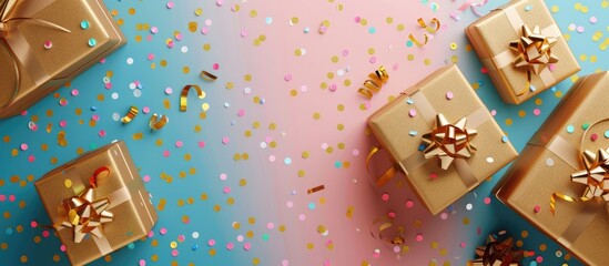 Top view of golden gift boxes and confetti on a colorful background with copy space image