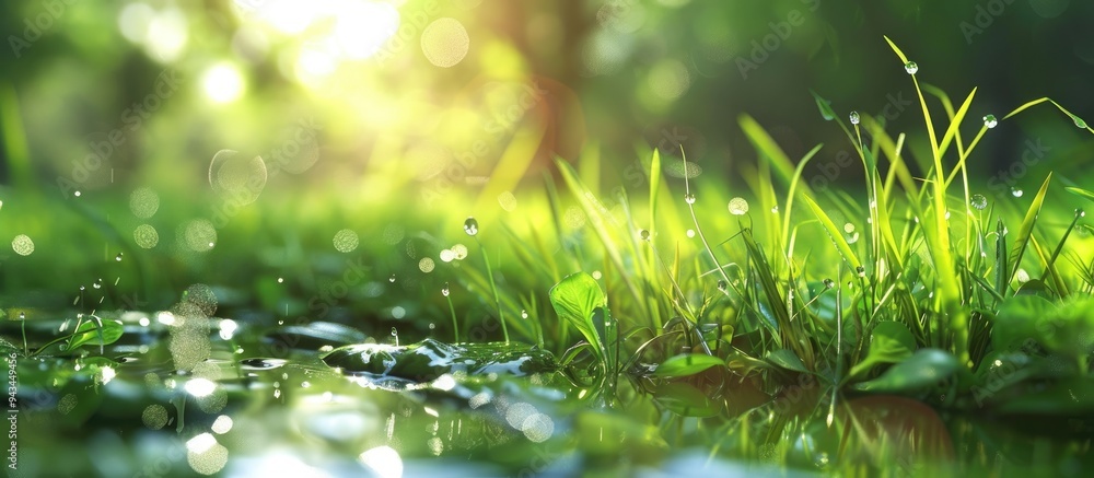 Sticker after a rainy day rainwater can be seen on the grass leaves in the copy space image