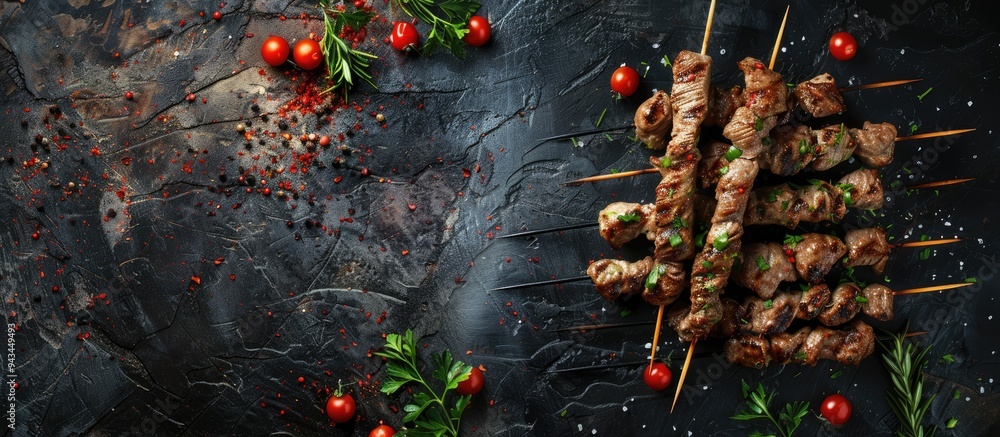 Poster Top view of Shashlik with thyme and spices on bamboo skewers against a dark background providing a copy space image