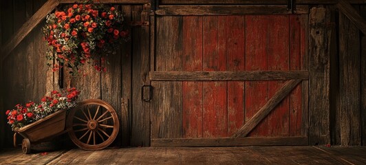 Obraz premium Rustic barn door backdrop with wooden beams and red paint