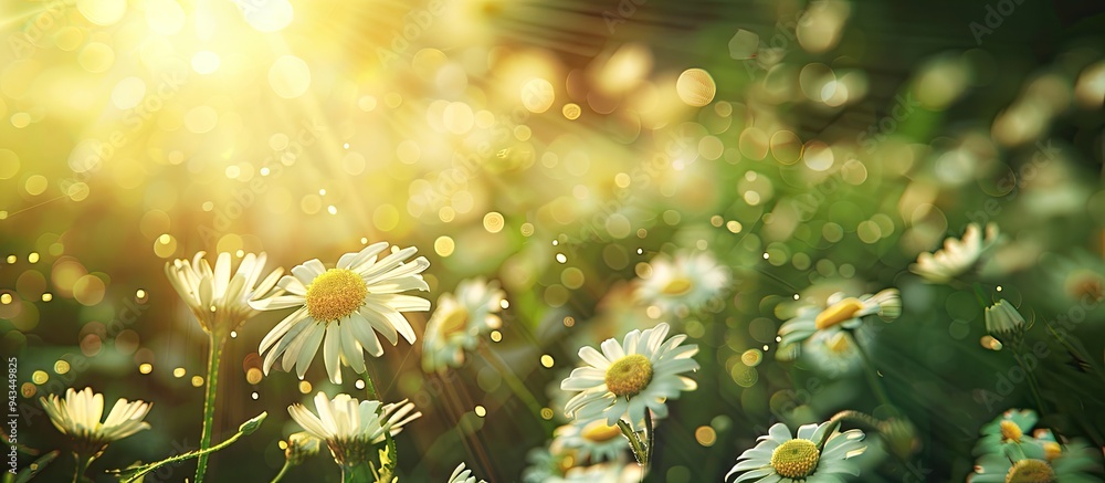 Aufkleber soft focus on chamomile flowers in a field during summer with a blurred background allowing for copy
