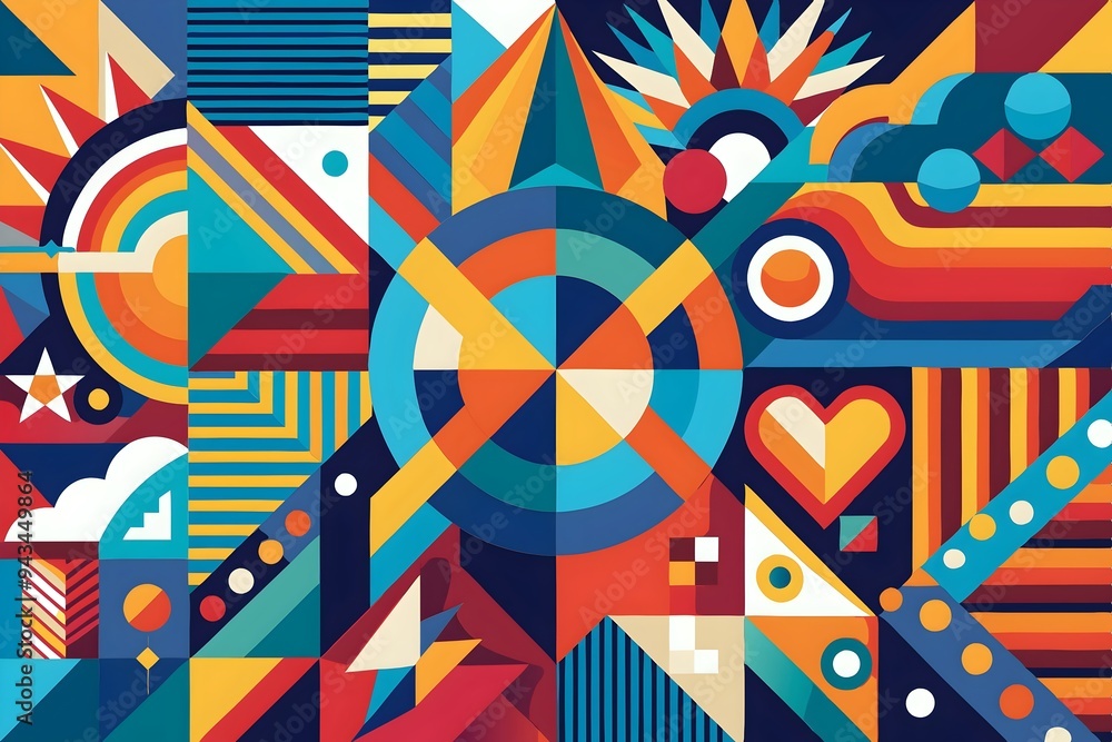 Poster vibrant geometric patterns colorful abstract design dynamic shapes