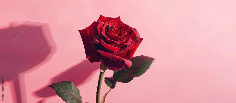 Poster A red rose with copy space image against a pink backdrop with negative space