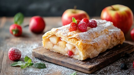 A delicious apple strudel with berries and powdered sugar on a wooden board.