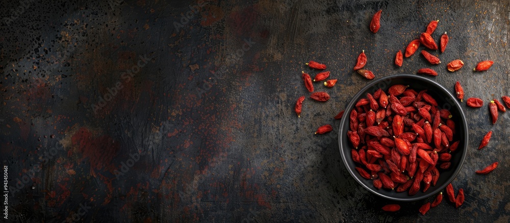 Aufkleber dark textured table with dried goji berries arranged for a flat lay composition featuring ample copy