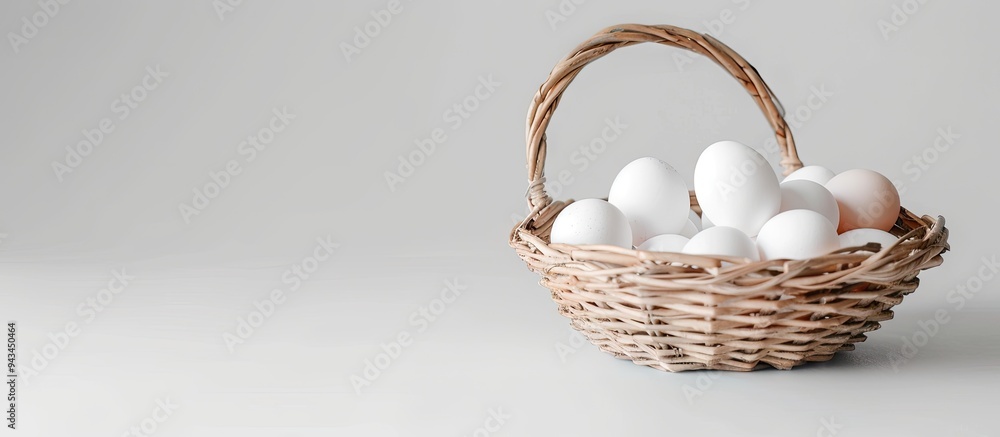 Poster fresh chicken eggs in a bamboo wicker basket on a white background for food and nutrition ads featur