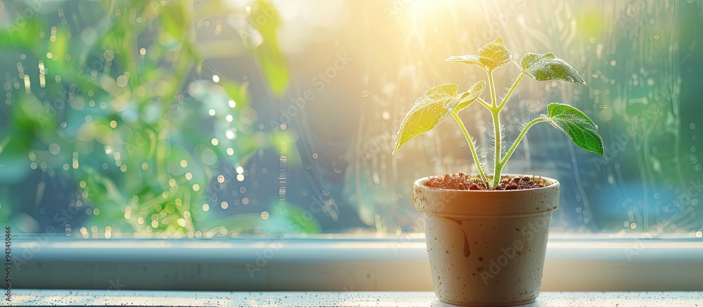 Poster tomato seedling sprouting in a pot on a windowsill with copy space image