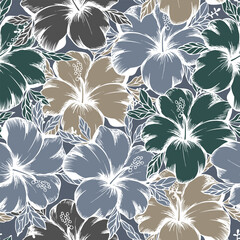 Seamless pattern, blue, green and beige hibiscus flowers with white outline. Retro print, textile, background, vector