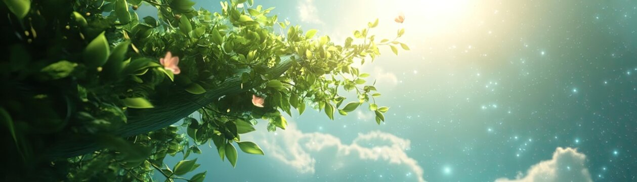 Climbing up a giant beanstalk, clouds and sky moving around, VR fantasy adventure, 3D animation