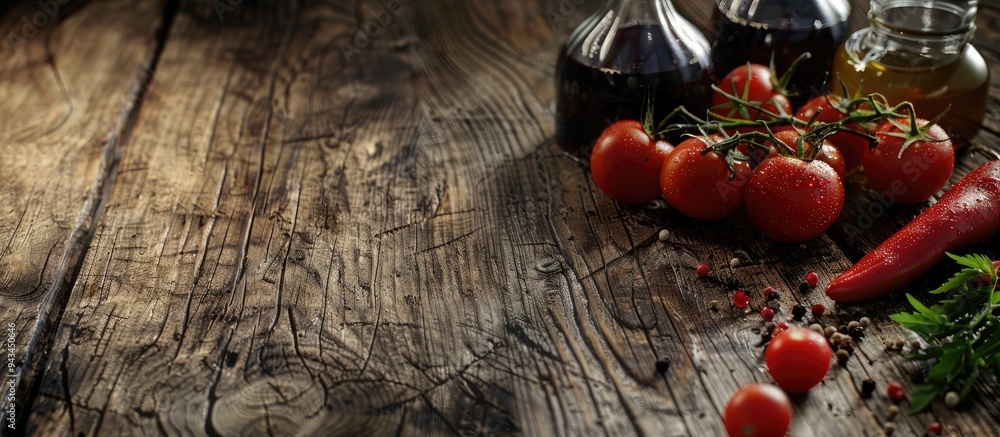 Aufkleber wooden table displays balsamic vinegar tomatoes and various items with room for text in copy space i