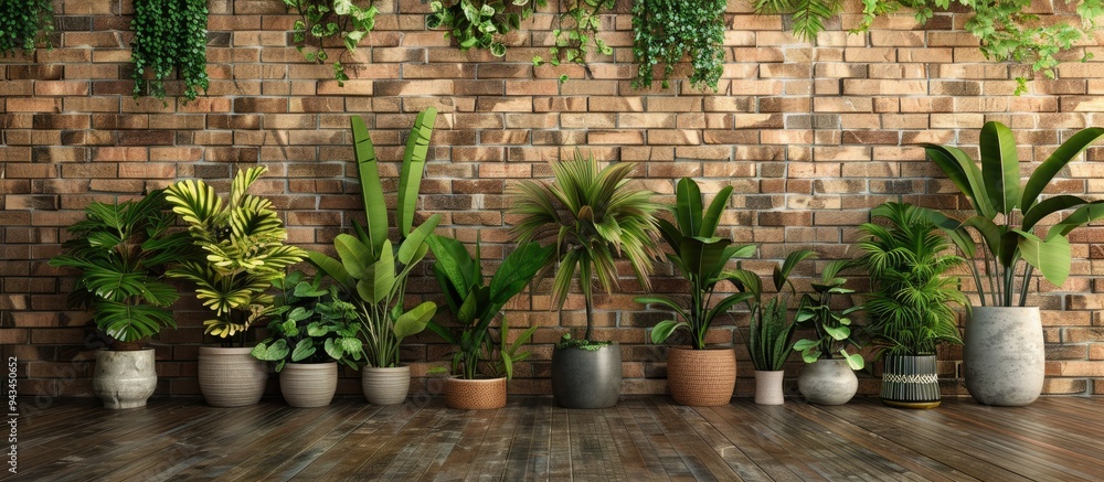 Aufkleber houseplants arranged on the floor against a brown brick wall creating a composition with copy space 