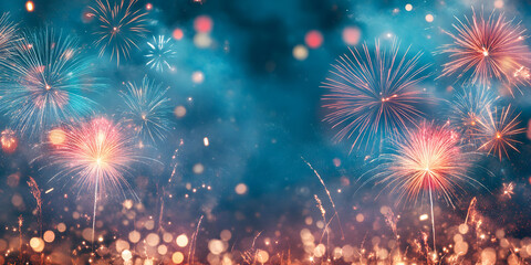 Fototapeta premium Colorful fireworks illuminate the night sky over a festive gathering, creating a vibrant display of light and color. Christmas background.
