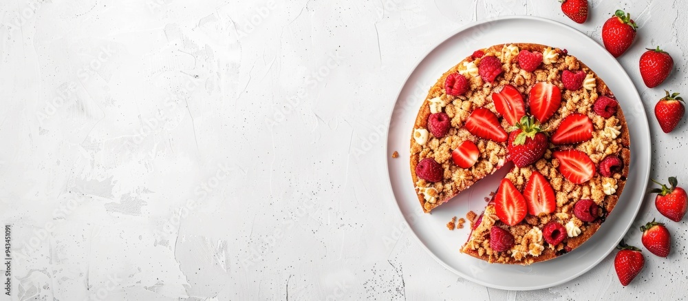 Poster Top down view of a scrumptious strawberry crumble cake with fresh slices on a blank copy space image