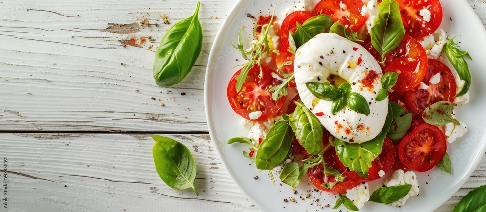 Aufkleber close up of a tasty burrata salad on a white wooden surface with a blank area for text in the image.
